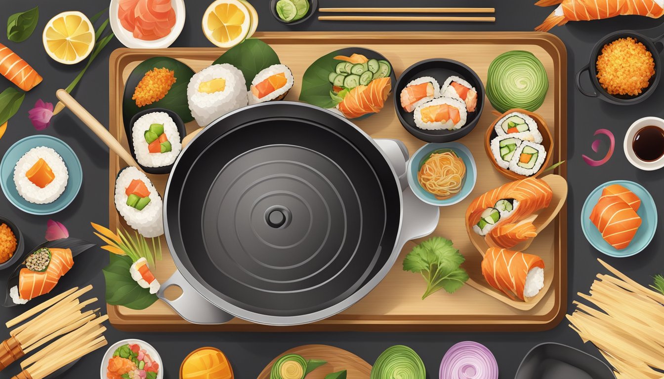 A sizzling pan with golden-brown sushi rolls, surrounded by colorful ingredients and cooking utensils