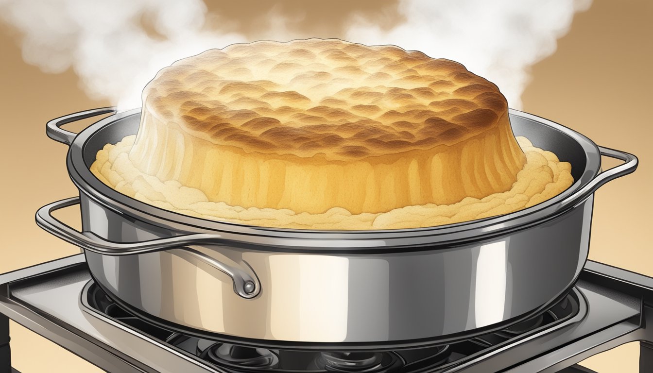 A skillet soufflé rises dramatically in the oven, golden and puffed, with steam escaping from the top