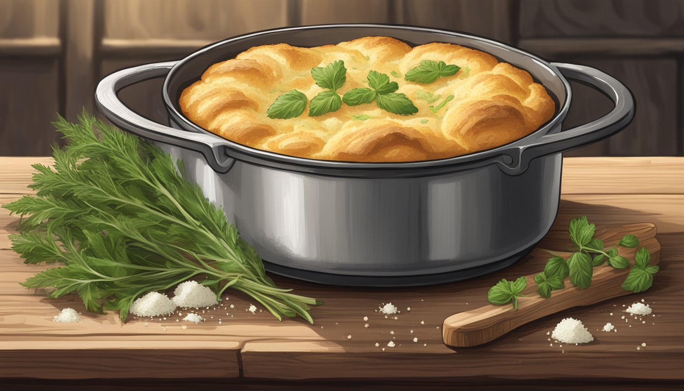 A golden-brown skillet soufflé sits on a rustic wooden table, surrounded by fresh herbs and a sprinkle of parmesan cheese