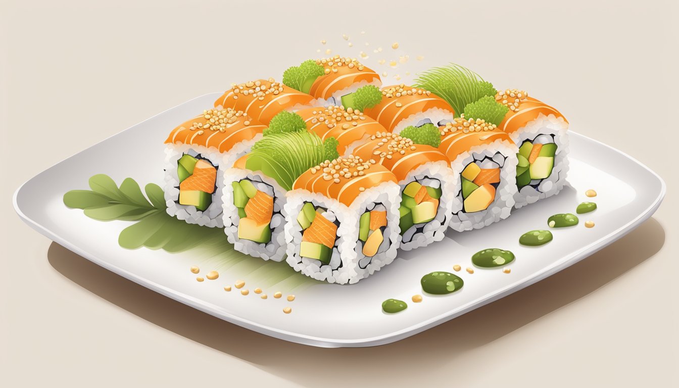 Golden sushi rolls arranged on a rectangular plate with pickled ginger and wasabi, garnished with sesame seeds and microgreens