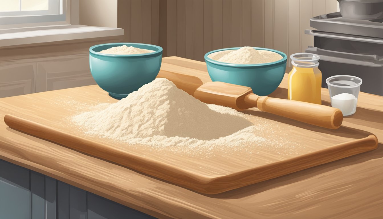 A wooden countertop with scattered flour, a mixing bowl, and a rolling pin. Ingredients for cookie dough are arranged neatly