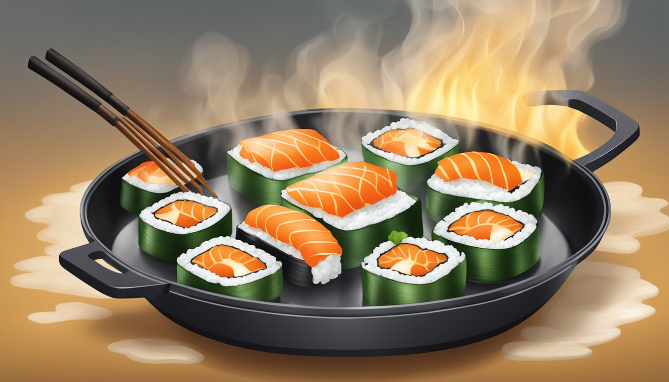 Sizzling sushi rolls frying in a hot pan, steam rising, golden crust forming