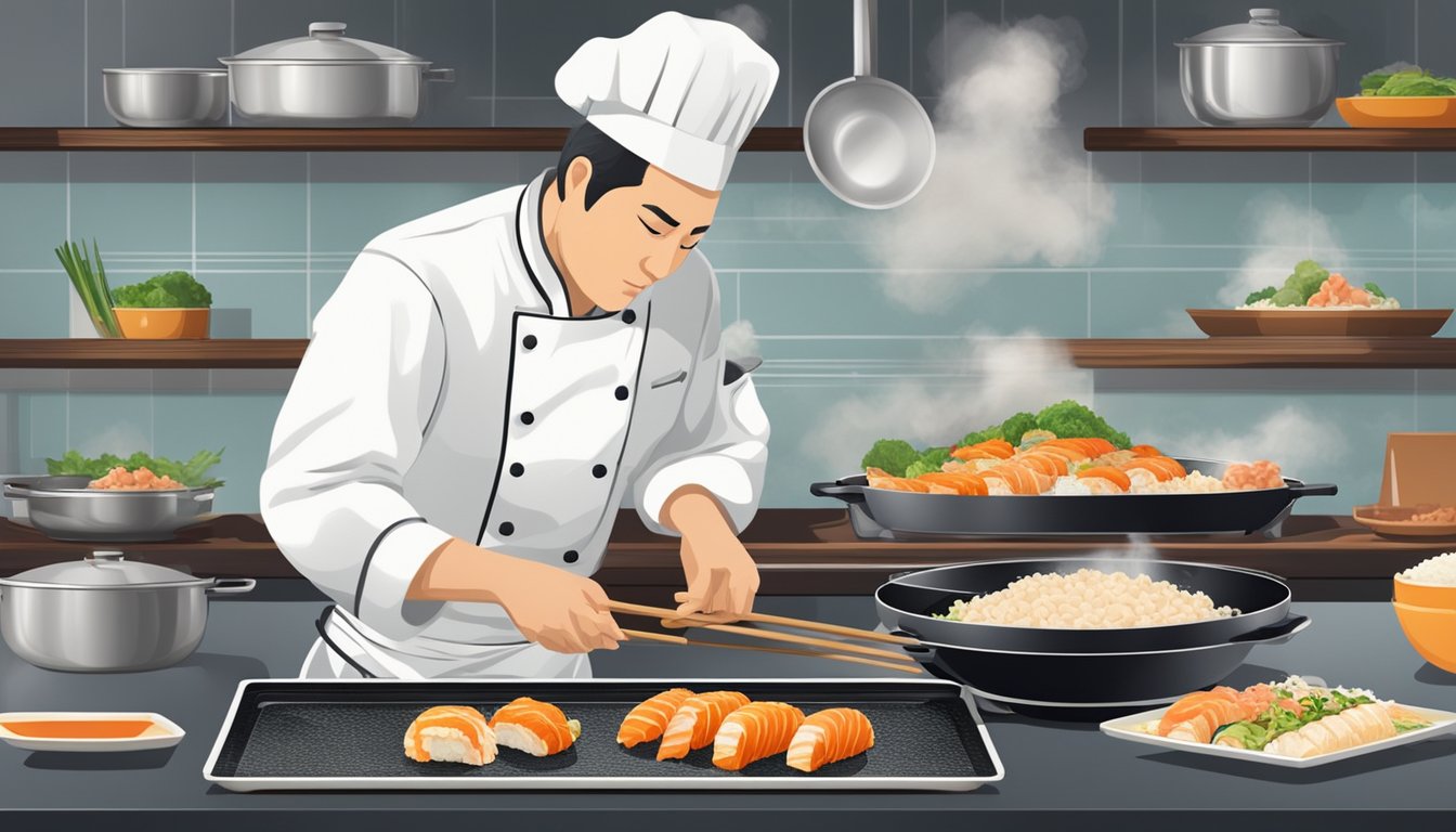 A chef prepares and cooks pan fried sushi rolls in a sizzling hot pan, filling the air with the aroma of sizzling seafood and rice