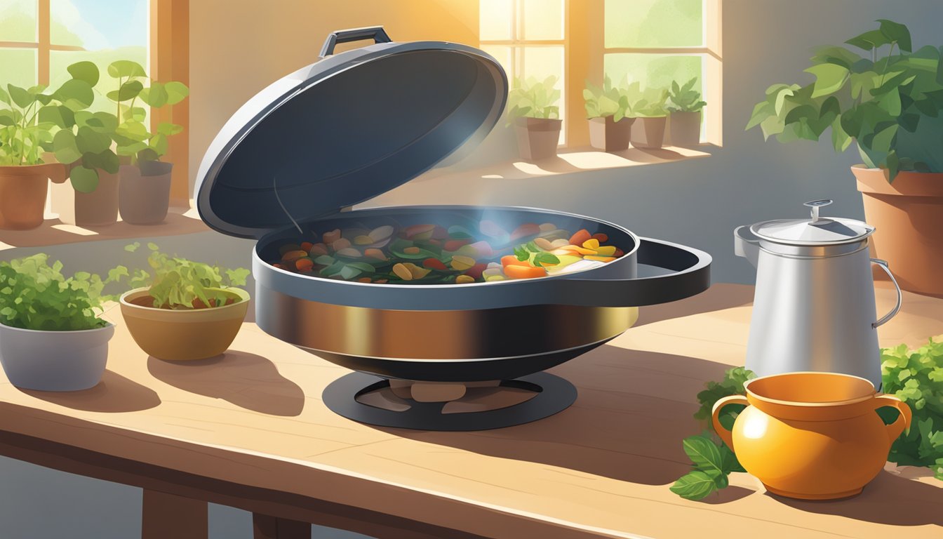 A solar cooker sits on a table, with a pot of stew inside, surrounded by sunlight and greenery