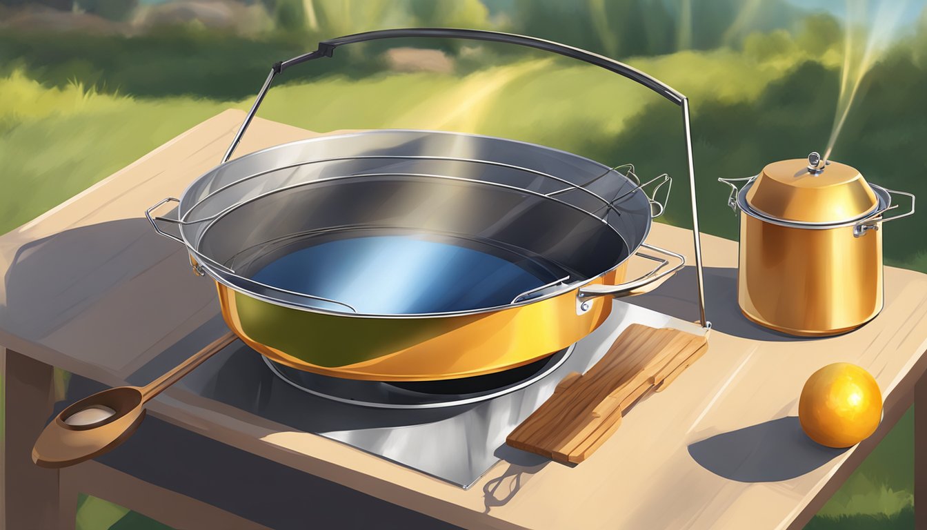 A solar cooker with reflectors directing sunlight onto a pot of stew