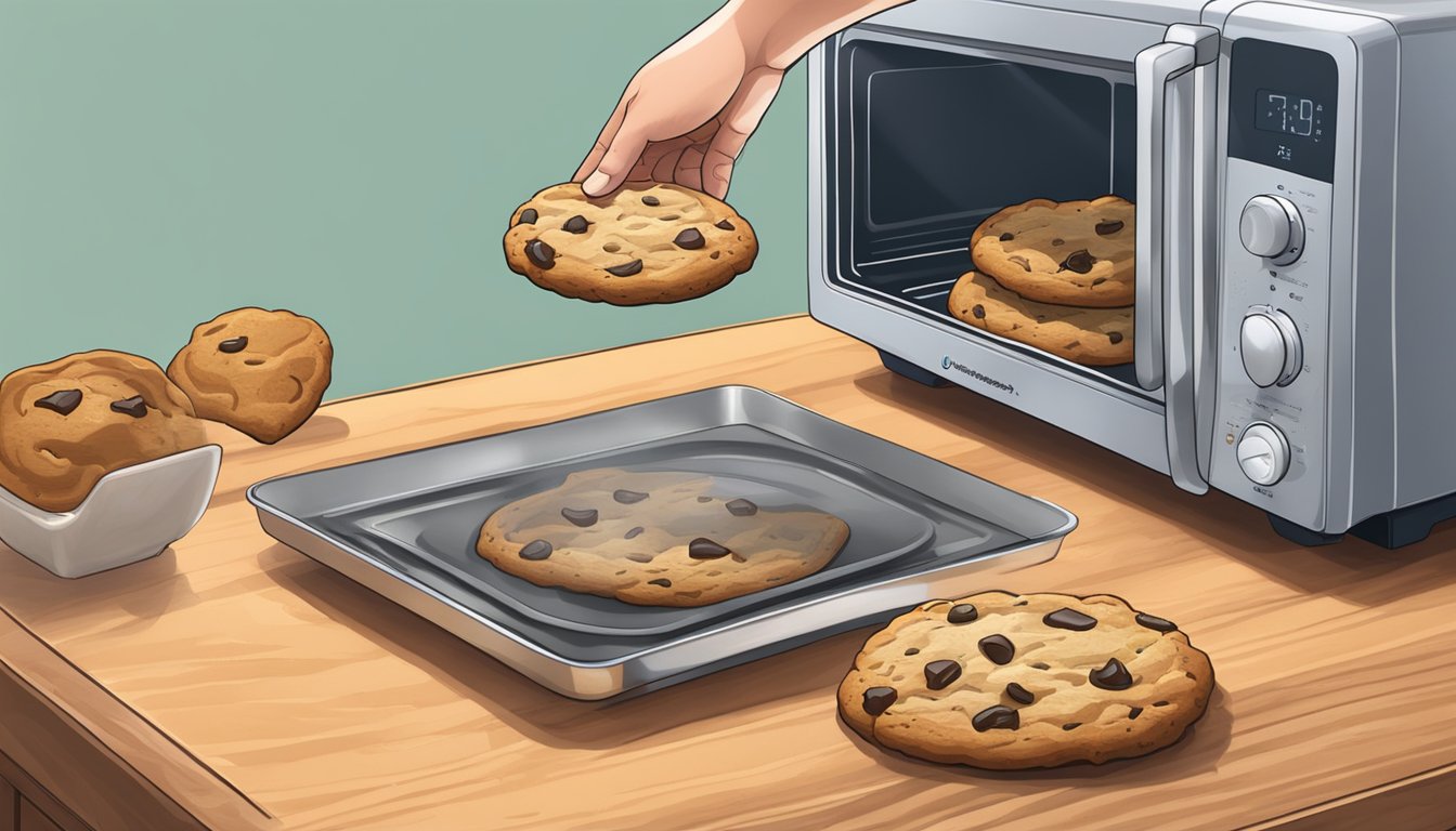 A hand reaching for a skillet cookie on a wooden cutting board, with a microwave and storage container in the background