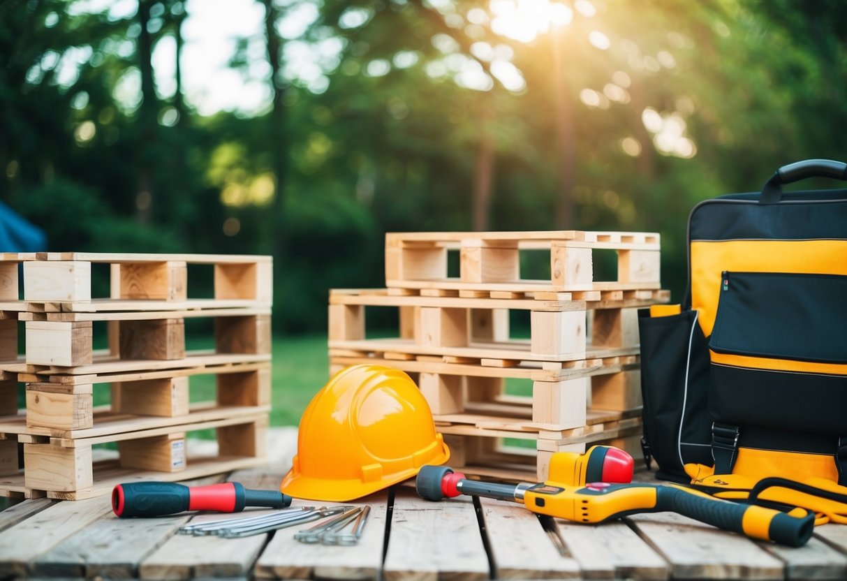 Holzpaletten für DIY-Möbel angeordnet, mit Werkzeugen und Schutzausrüstung in der Nähe