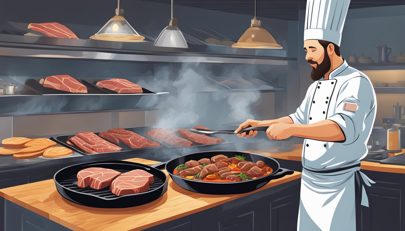 A skillet sizzles as a chef selects the perfect cut of meat