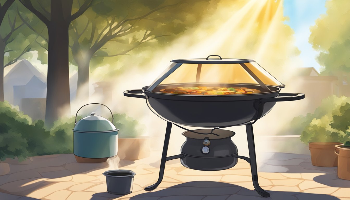 A solar cooker sits on a sunny patio, steam rising from a pot of stew. Surrounding trees cast dappled shadows on the ground