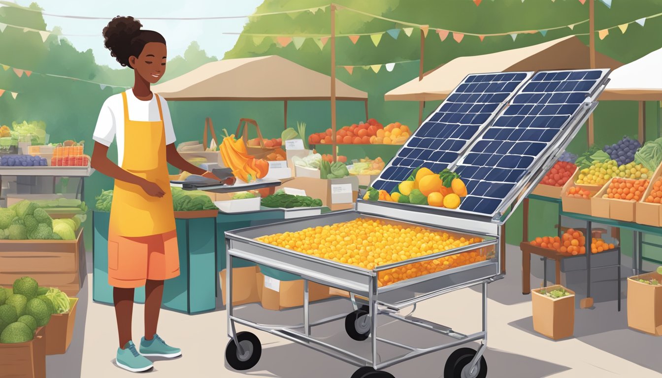 A person placing a solar cooker into a shopping cart at an outdoor market