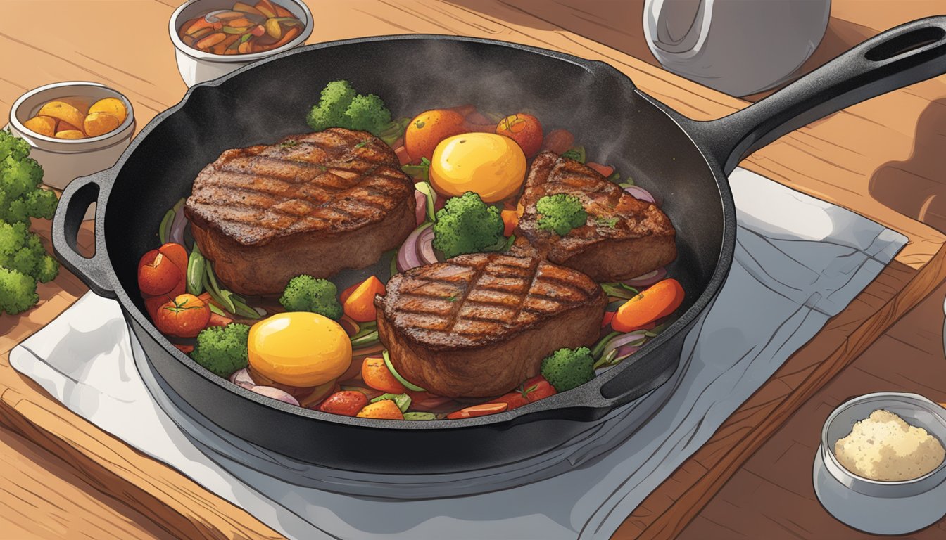 A cast iron pan sizzles as it sears a piece of meat, emitting small bursts of steam and a tantalizing aroma