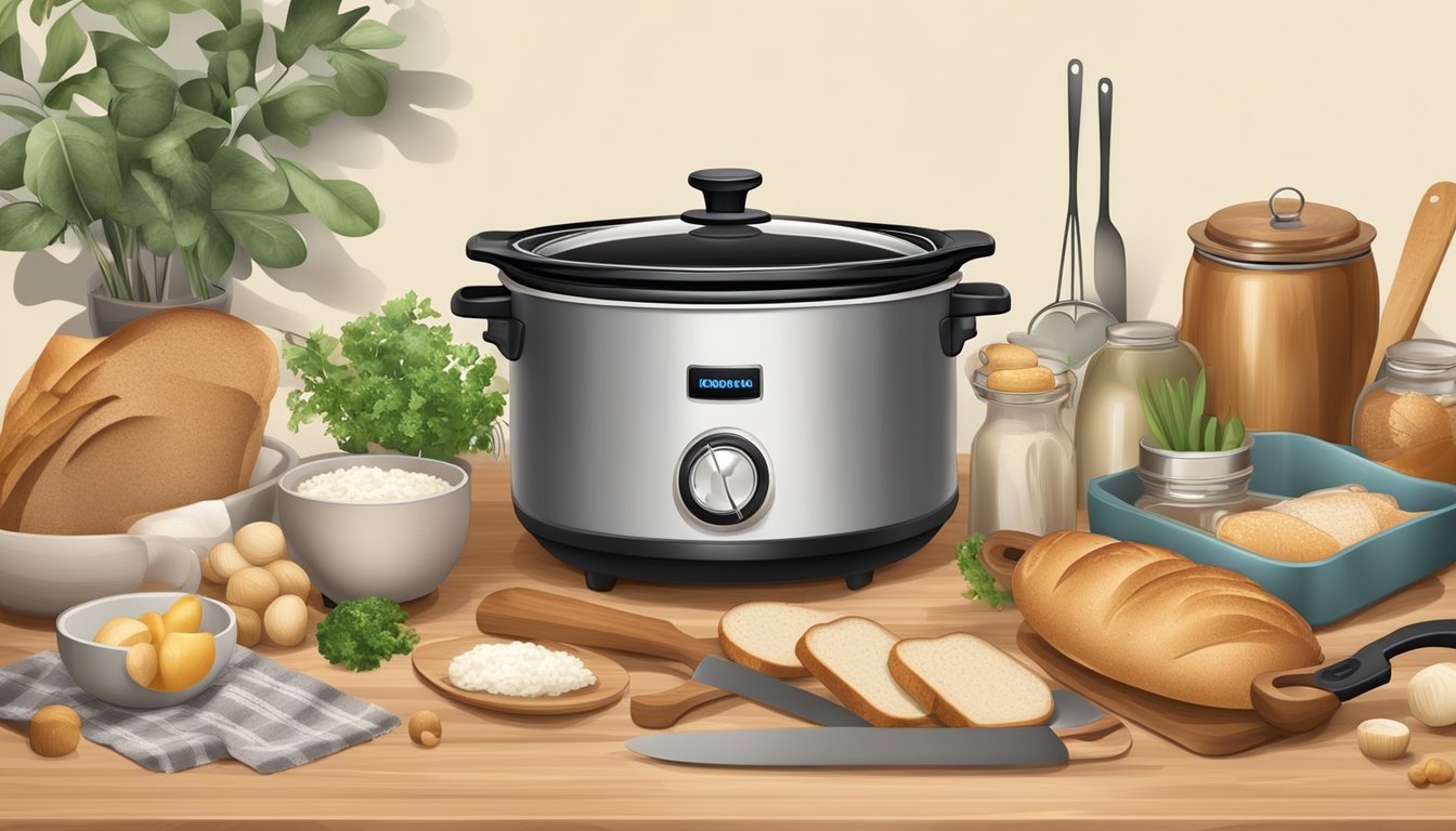 A slow cooker surrounded by bread ingredients and kitchen tools