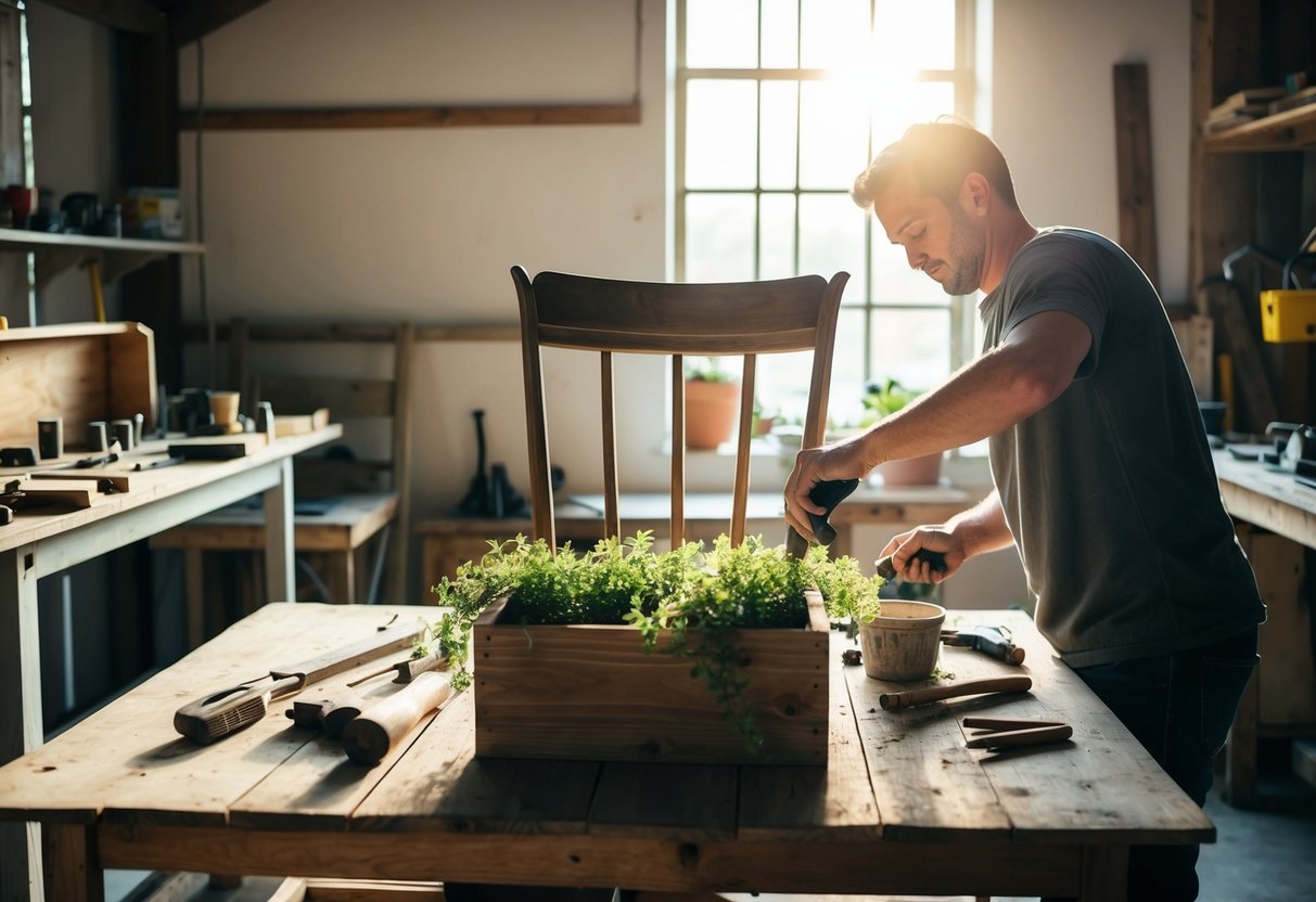 Eine Werkstatt mit alten Möbeln, Werkzeugen und Materialien. Eine Person verwandelt einen Holzstuhl in einen Pflanztopf. Sonnenlicht strömt durch das Fenster.