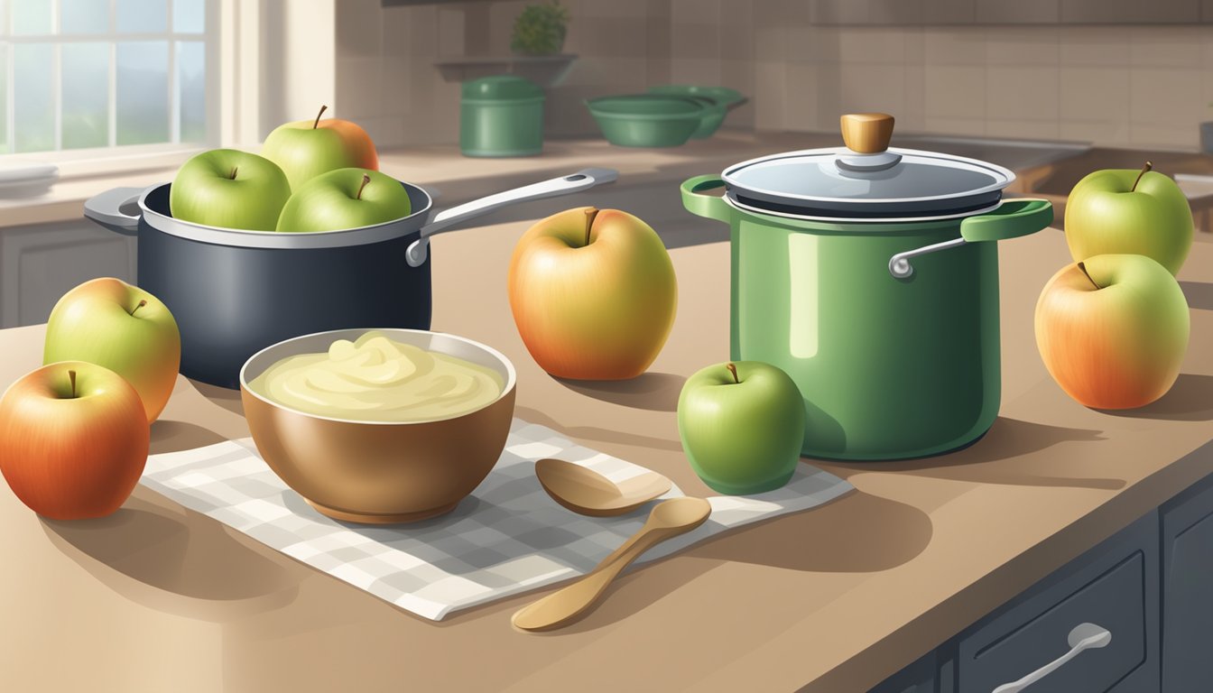 Fresh apples, a pot, and a wooden spoon on a kitchen counter. A steaming pot of applesauce simmers on the stovetop