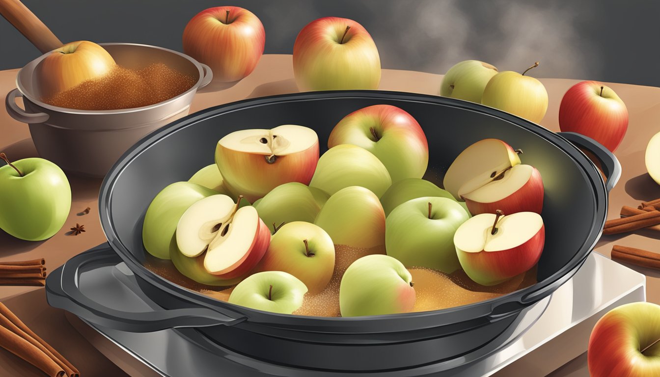 Apples being peeled and sliced, a pot simmering on the stovetop, with cinnamon and sugar nearby