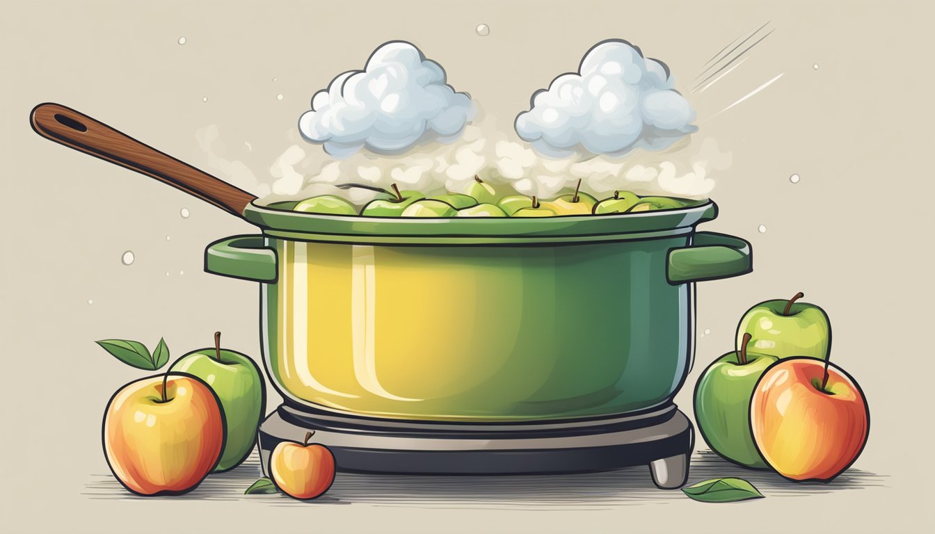 A pot of simmering apples with a wooden spoon stirring. A cloud of steam rises as the apples break down into a smooth sauce