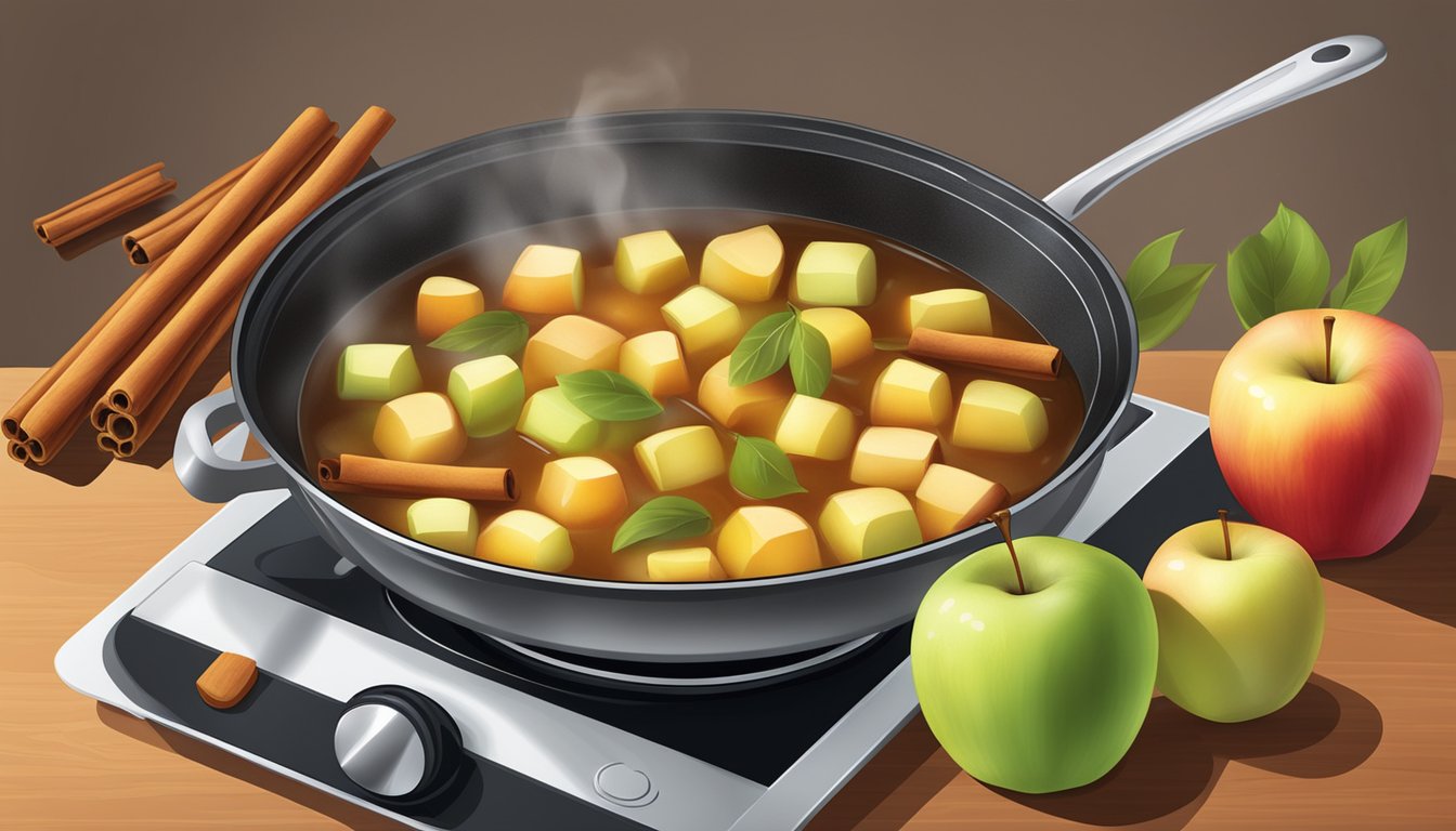 A pot of simmering apples with cinnamon sticks and a wooden spoon on a stovetop