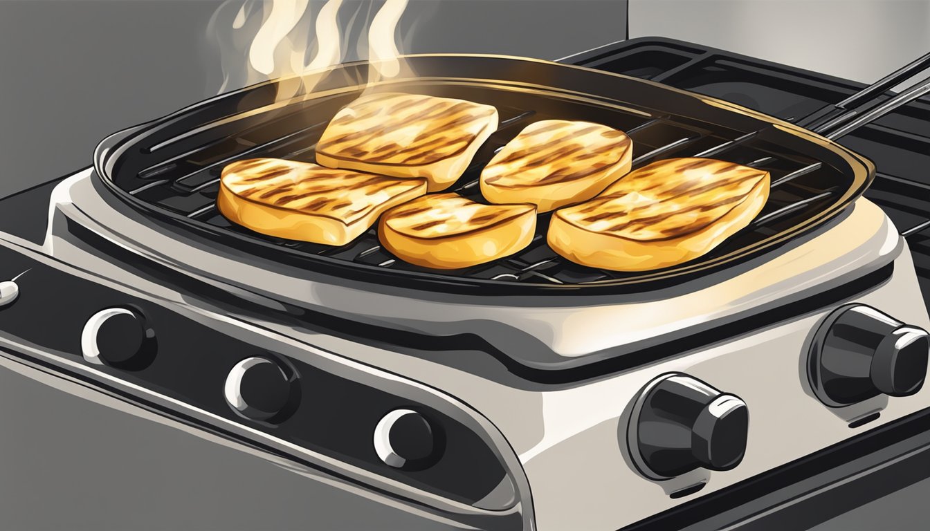 A sizzling piece of halloumi cheese grilling on a stovetop, emitting a mouthwatering aroma as it turns golden brown