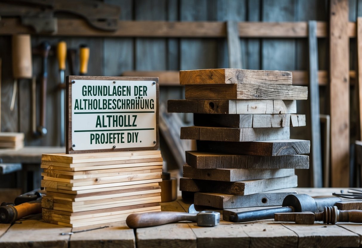 Eine rustikale Werkstatt mit Werkzeugen, Bauholz und einem Stapel verwittertem Holz. Ein Schild trägt die Aufschrift "Grundlagen der Altholzbeschaffung Altholz Projekte DIY."
