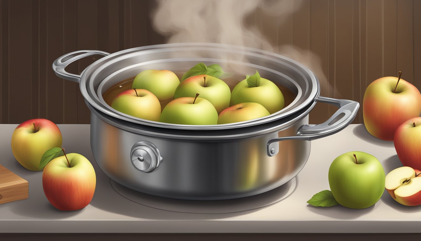 A pot of simmering apples emits a sweet aroma as steam rises, filling the kitchen with warmth and comfort