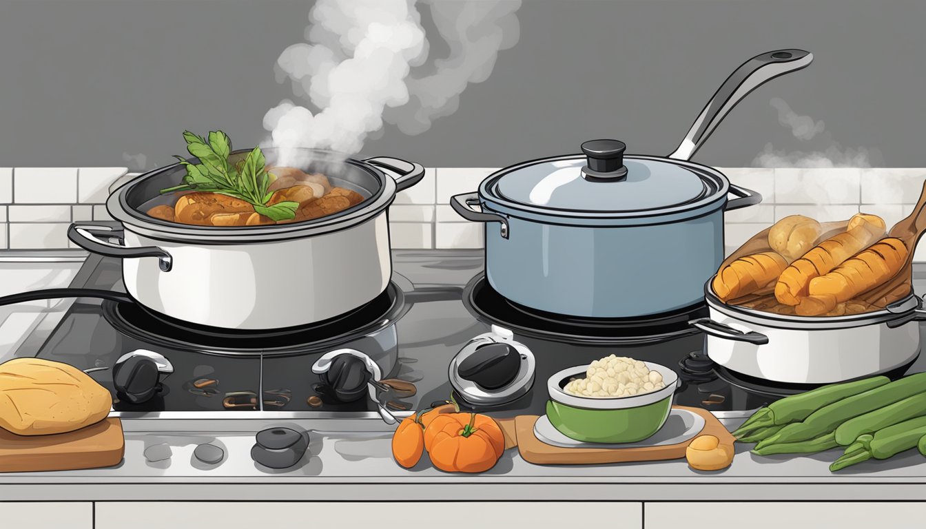 Various foods simmering in pots on a stovetop, with steam rising and utensils nearby