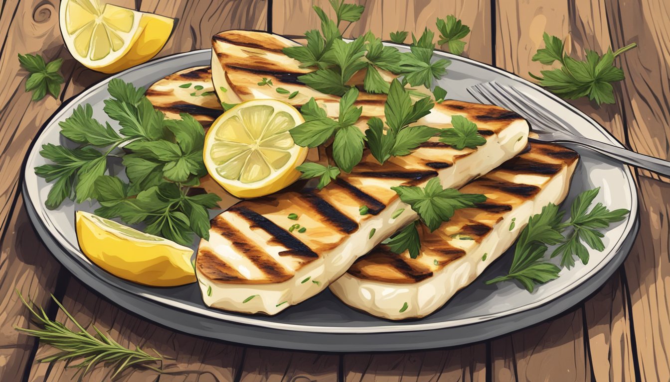 A platter of grilled halloumi with fresh herbs and lemon slices on a rustic wooden table