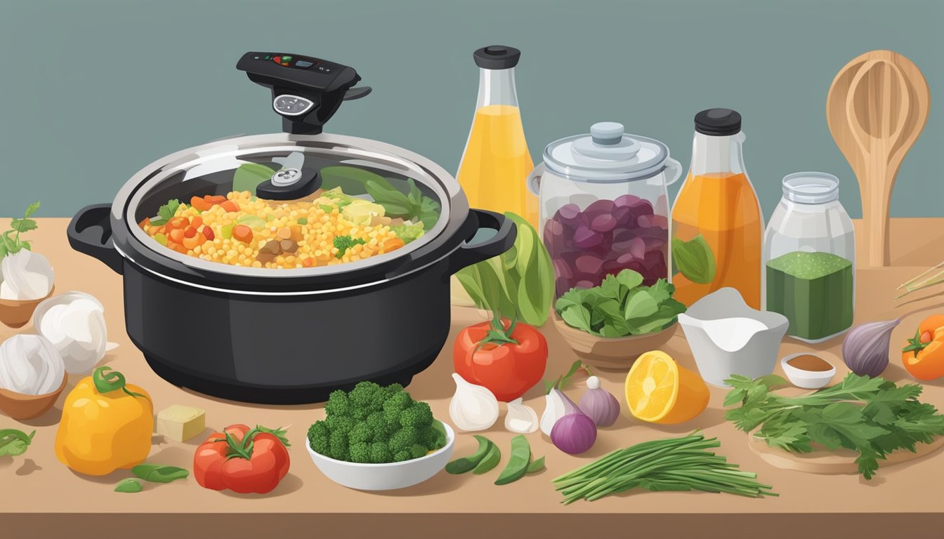 A kitchen countertop with a variety of fresh ingredients, a pressure cooker, and an assortment of cooking utensils laid out for use