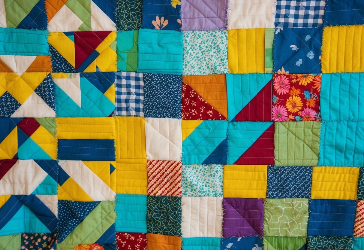 Eine bunte Patchworkdecke, die aus verschiedenen Stoffresten gefertigt und ordentlich zu einem geometrischen Muster zusammengenäht ist.