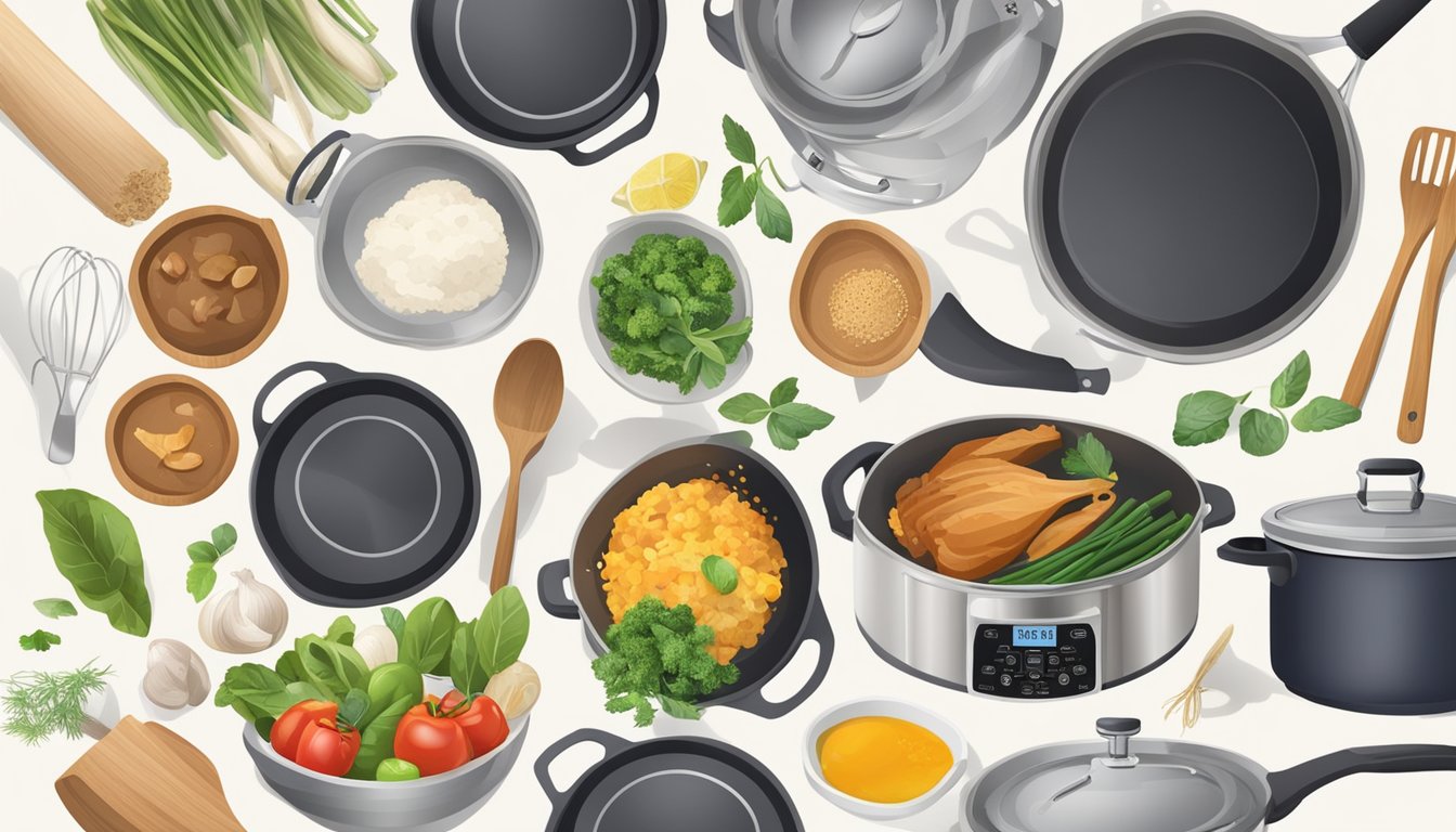 A kitchen counter with a variety of cookware, including a pressure cooker alternative, surrounded by utensils and ingredients