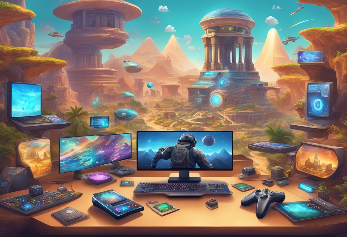 A vibrant collage of ancient and modern gaming symbols, surrounded by futuristic technology and virtual landscapes, capturing the evolution and potential of iGaming