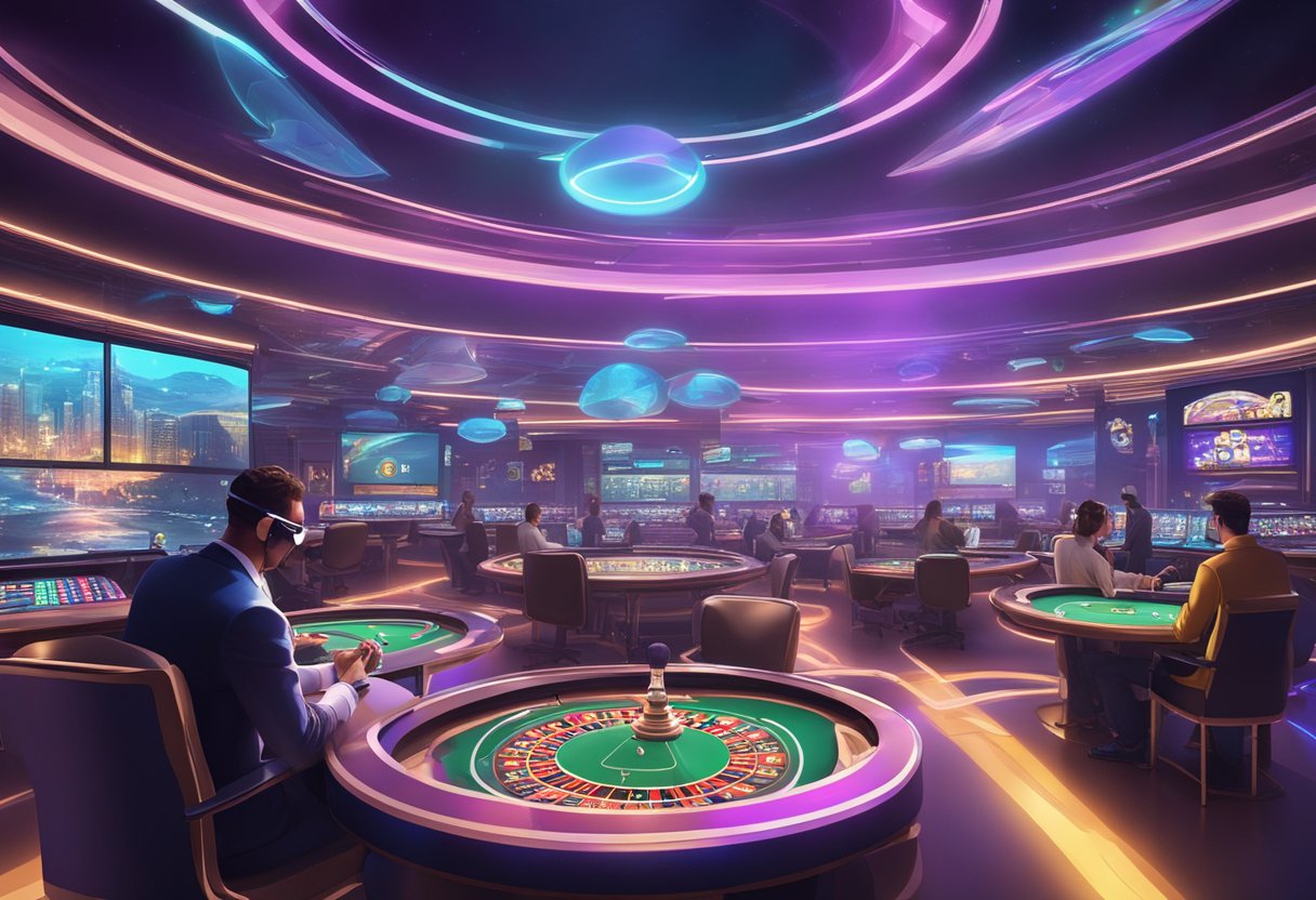 A futuristic virtual reality world with floating holographic images of casino games, sports betting, and online gaming platforms