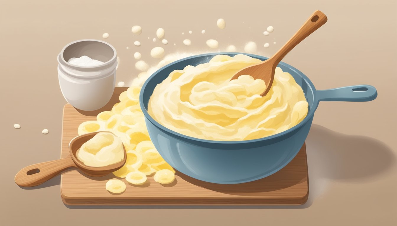 A mixing bowl filled with mashed bananas, flour, eggs, and sugar. A wooden spoon stirring the batter in a saucepan on a stovetop