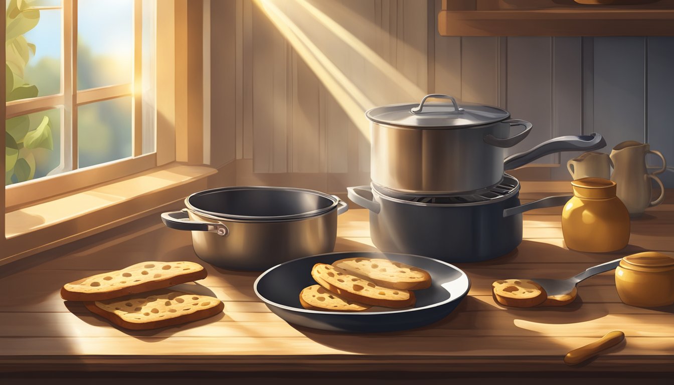 A rustic kitchen with a vintage skillet filled with golden brown biscotti cooling on a wooden table. Sunlight streams through the window, casting warm shadows on the scene