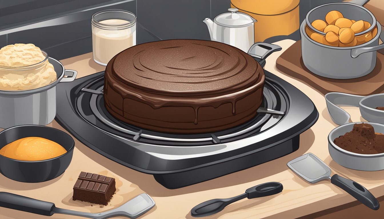 A freshly baked chocolate cake cooling on a stovetop, surrounded by scattered baking tools and ingredients