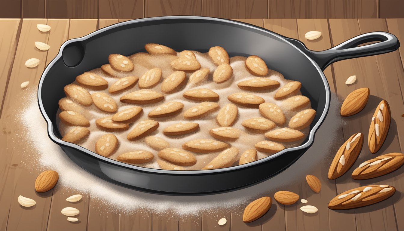 A skillet biscotti cooling on a wire rack, surrounded by scattered almonds and a dusting of flour on a wooden table