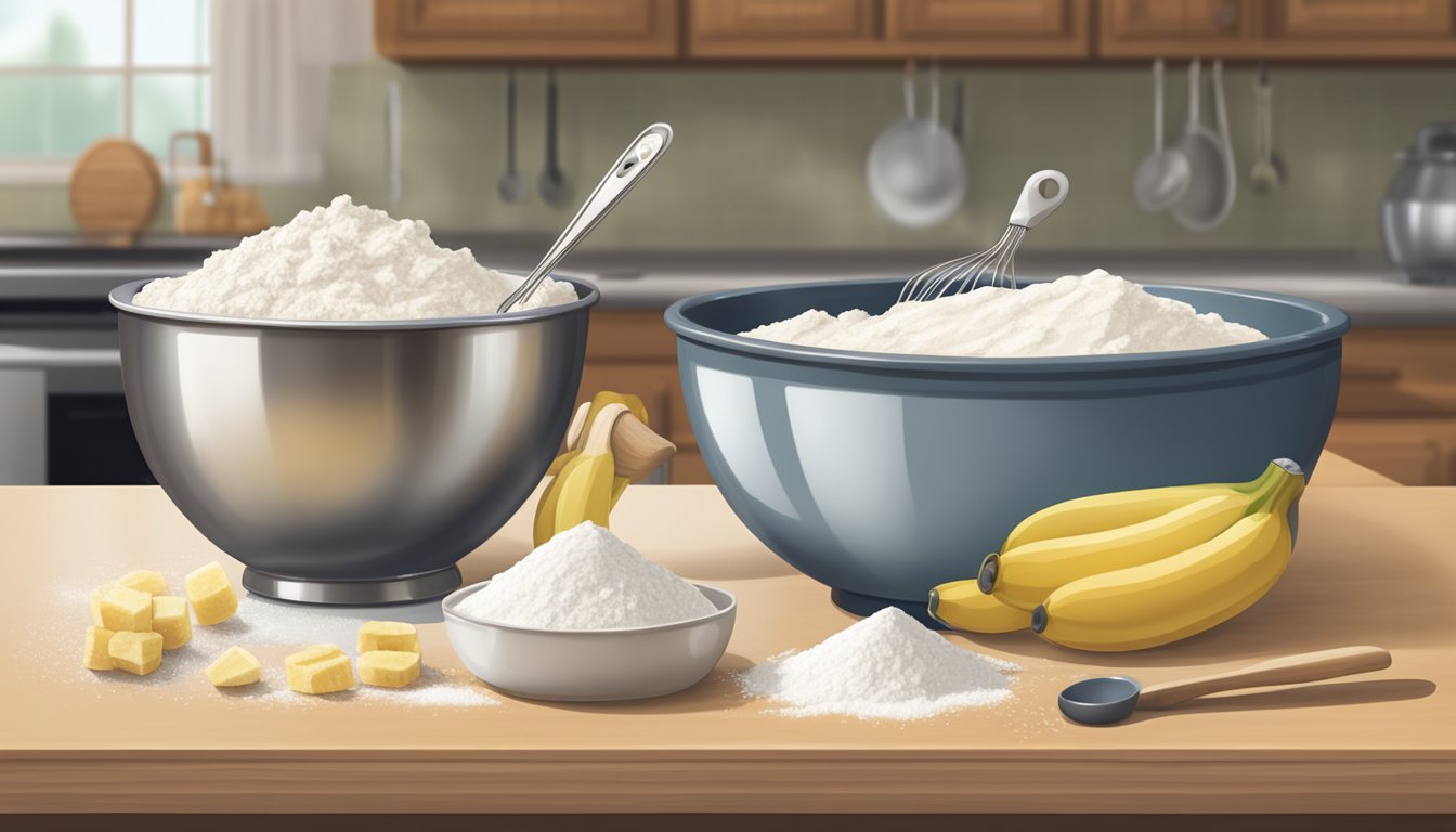 A mixing bowl filled with flour, sugar, and mashed bananas sits next to a whisk and measuring spoons on a kitchen counter