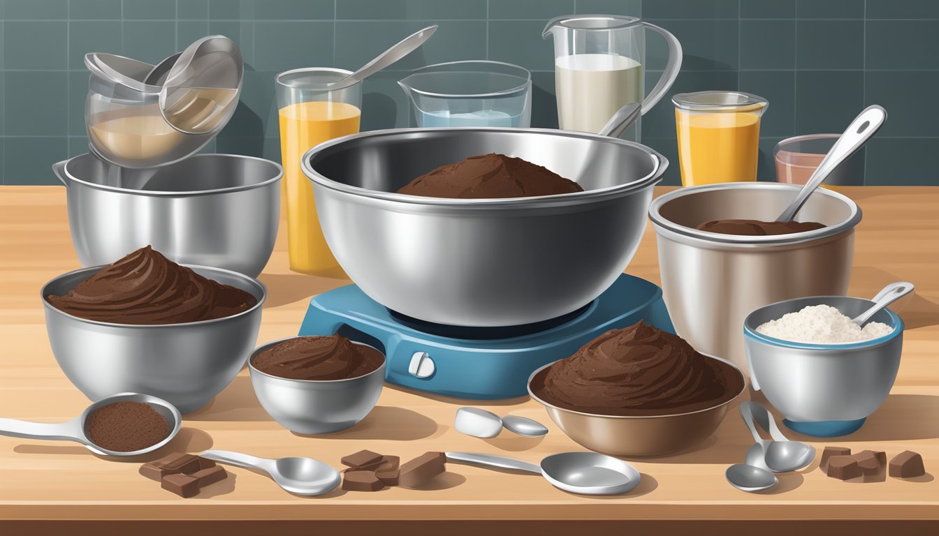 A mixing bowl filled with ingredients for stovetop chocolate cake, surrounded by measuring cups and spoons on a kitchen counter