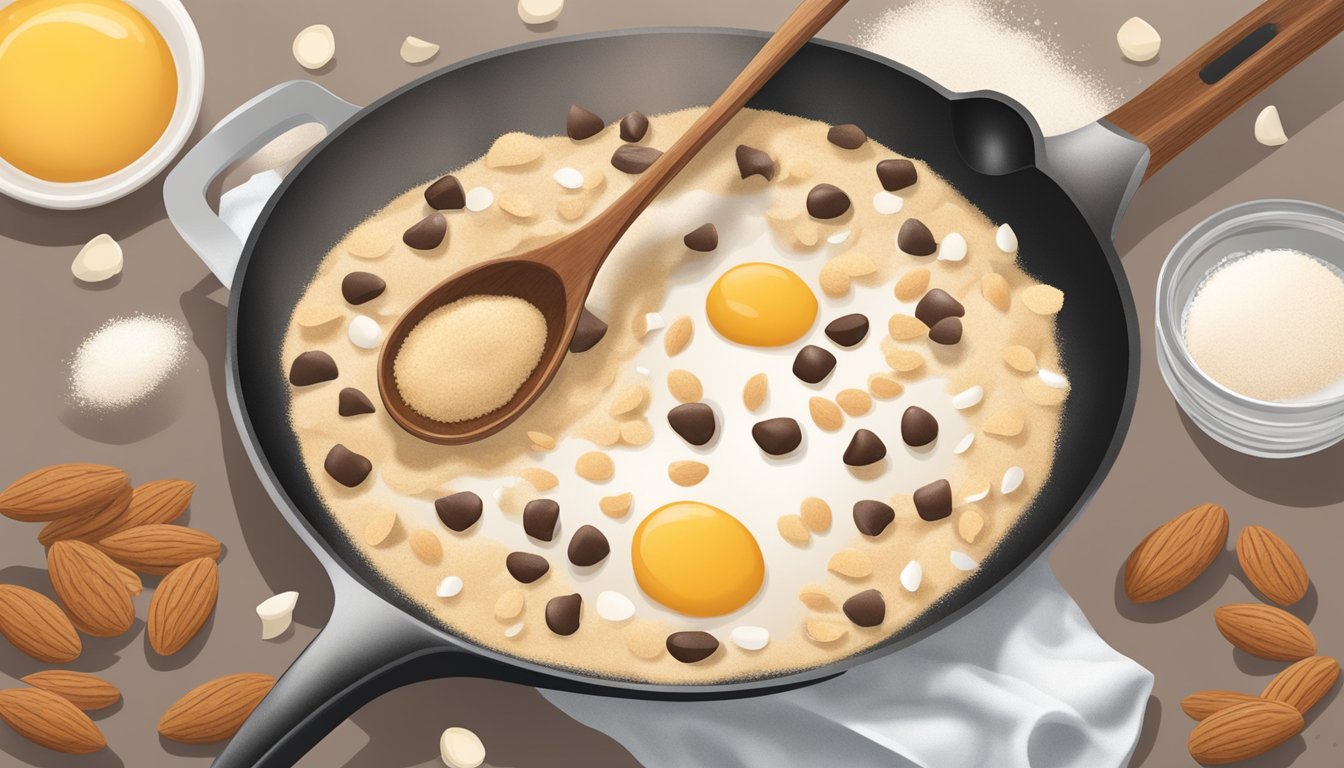 A wooden spoon stirring a mixture of flour, sugar, and eggs in a large skillet. Almonds and chocolate chips sit nearby