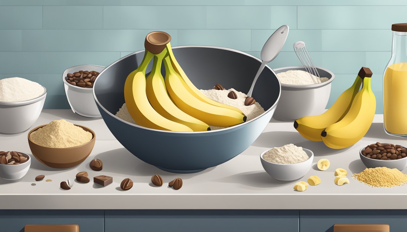 A mixing bowl filled with bananas, flour, and various toppings like nuts and chocolate chips, surrounded by measuring spoons and a whisk on a kitchen counter