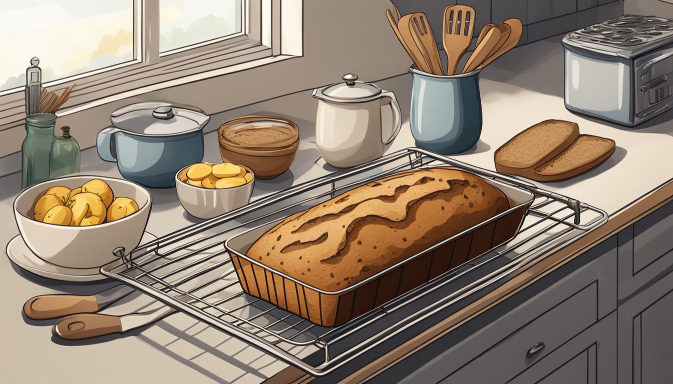 A kitchen counter with a freshly baked loaf of banana bread cooling on a wire rack, surrounded by ingredients and utensils for serving and storage