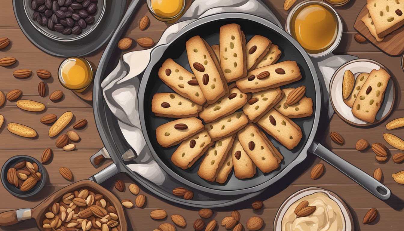 A rustic skillet filled with freshly baked biscotti, surrounded by a variety of nuts, dried fruits, and a glass of wine