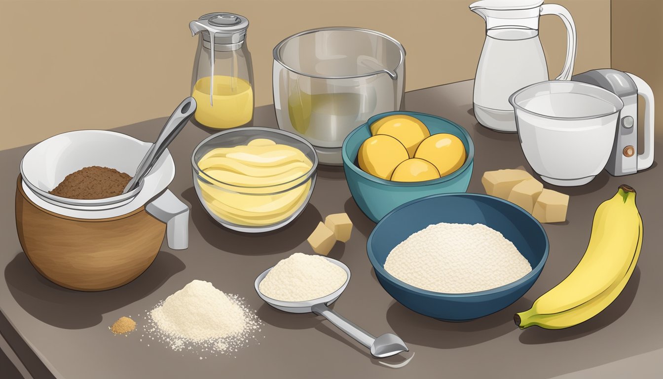 A kitchen counter with ingredients and utensils for banana bread, including bananas, flour, eggs, and a mixing bowl