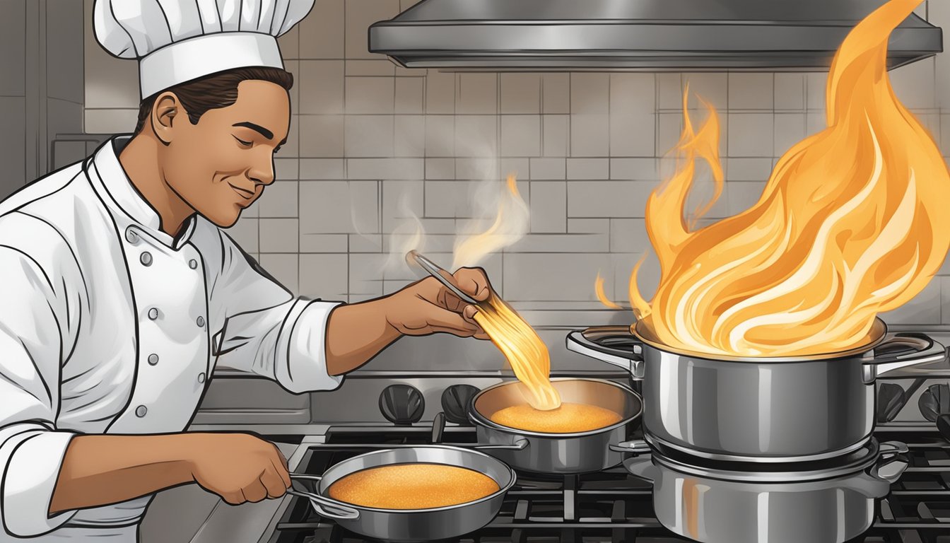 A chef torching the caramelized sugar on a stovetop crème brûlée