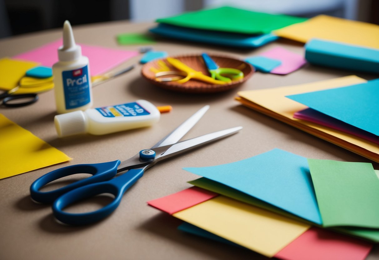Ein Tisch mit verstreuten Kunstmaterialien. Eine Schere, Kleber, buntes Papier und andere Bastelmaterialien. Eine handgemachte Dekoration in Arbeit.