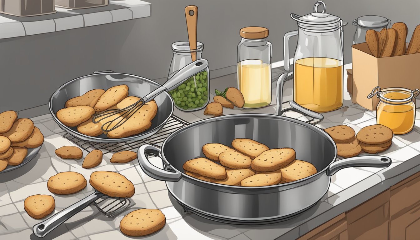 A skillet biscotti cooling on a wire rack, surrounded by scattered ingredients and kitchen utensils