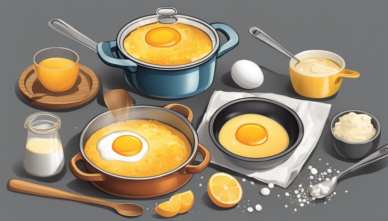 A small saucepan simmering with cream, sugar, and vanilla beans, surrounded by bowls of egg yolks and sugar for the stovetop crème brûlée