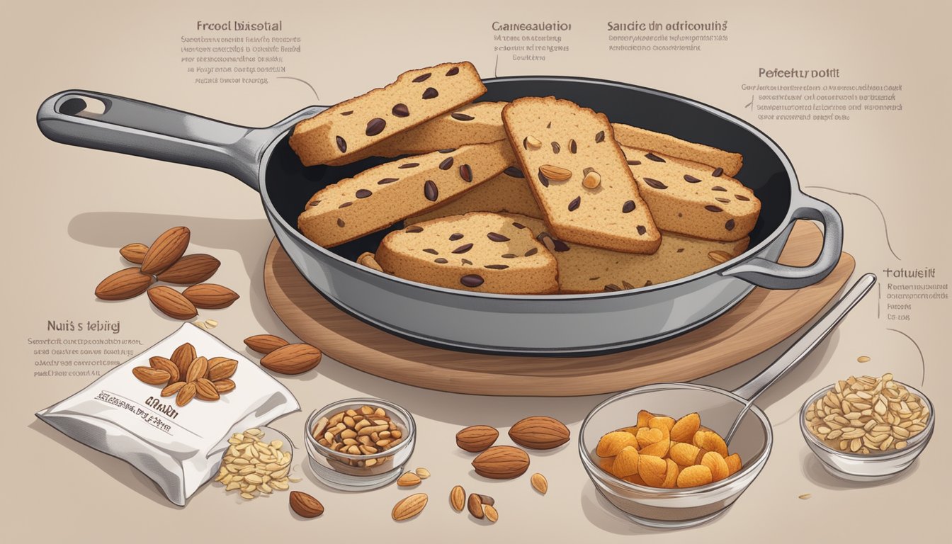 A skillet biscotti surrounded by various ingredients like nuts, oats, and dried fruits, with a nutritional information label next to it