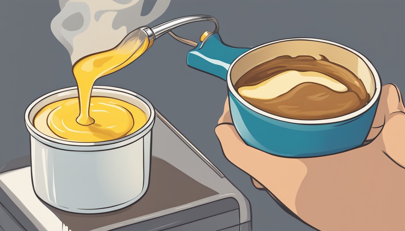 A small blowtorch caramelizes the sugar topping on a ramekin of creamy custard sitting on a stovetop