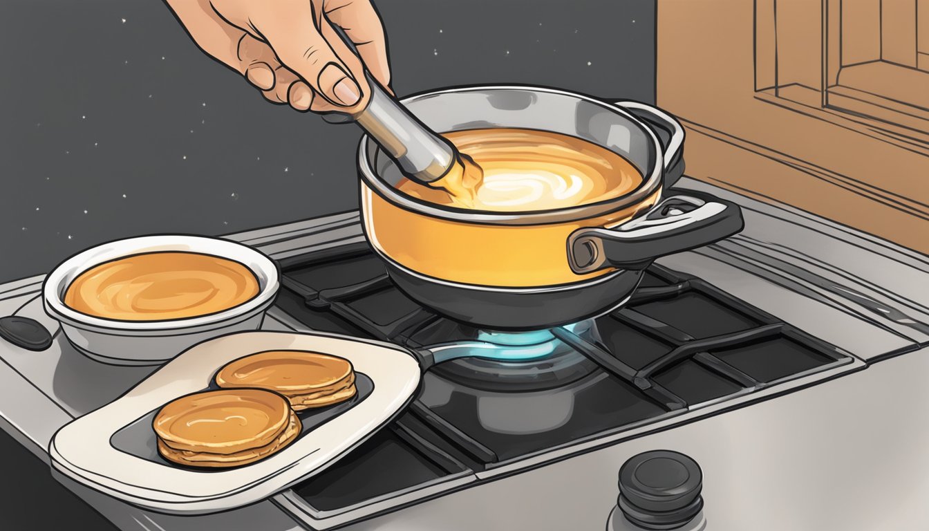 A hand holding a kitchen torch caramelizing the sugar on a ramekin of crème brûlée atop a gas stovetop