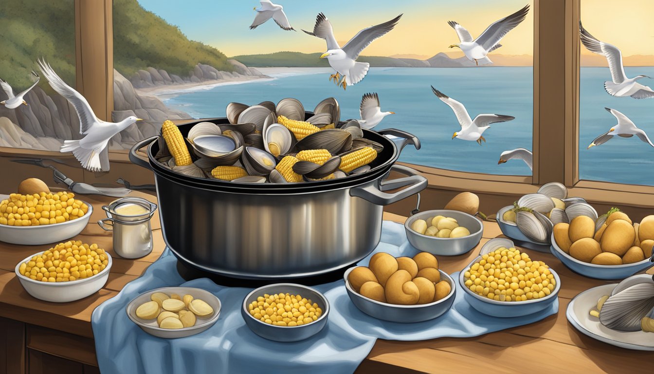 A stovetop clambake with a pot filled with steaming clams, corn on the cob, and potatoes, surrounded by a coastal setting with seagulls flying overhead